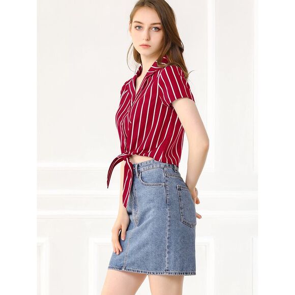 Striped Lapel Collar Top Short Sleeve Tie Front Crop Shirt Red - Picture 3 of 6